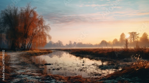  a painting of a river in the middle of a field with trees in the background and fog in the air.