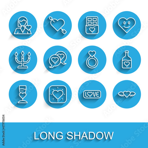 Set line Glass of champagne, Heart, Romantic girl, Love text, with wings, speech bubble, Bottle love potion and Wedding rings icon. Vector