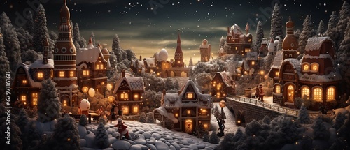  Gingerbread houses. Christmas fairy village landscape. photography