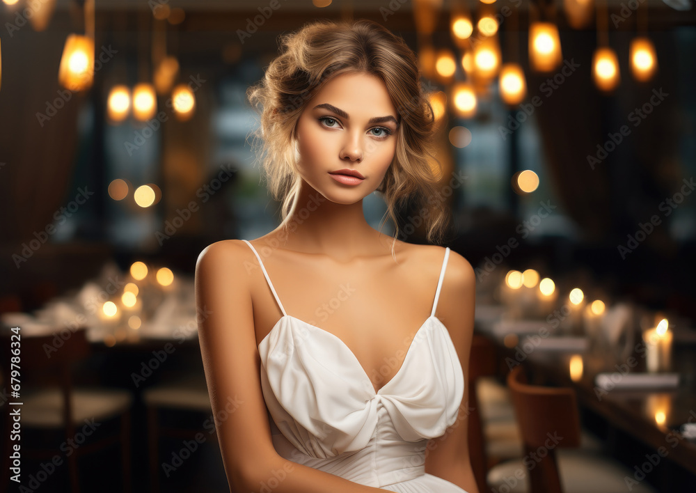 A woman in a luxurious expensive restaurant in a beautiful white dress. A woman in a luxurious expensive restaurant in a beautiful white dress.