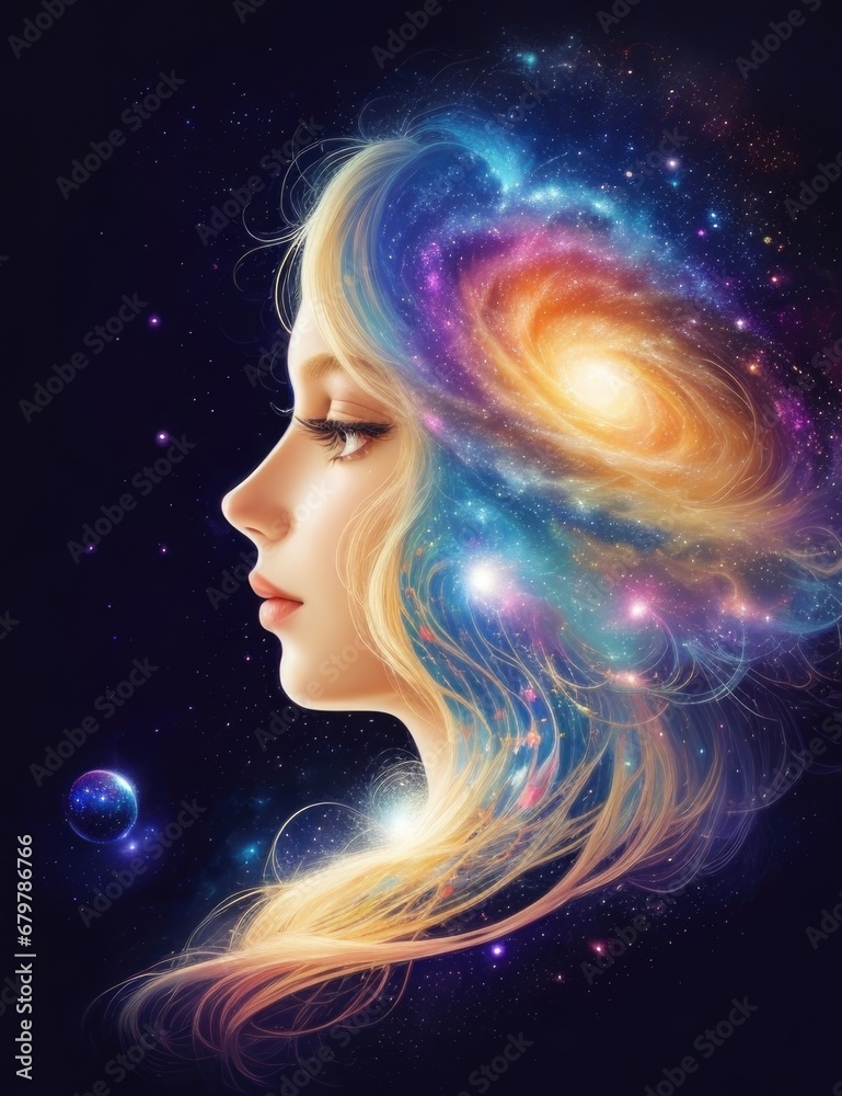 Abstract digital composition featuring a confident blond woman's silhouette filled with swirling galaxies and cosmic elements. Celestial colors, cosmic vibes, and a surreal aesthetic. Abstract digital composition featuring a confident blond woman's silhouette filled with swirling galaxies and cosmic elements. Celestial colors, cosmic vibes, and a surreal aesthetic.