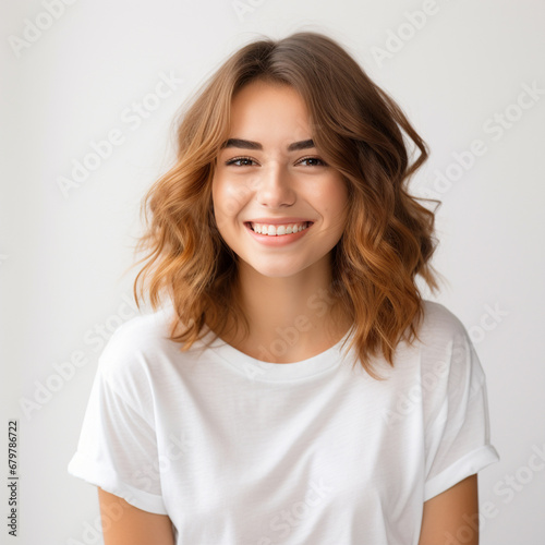 Portrait of young beautiful cute cheerful girl smiling looking at camera over white background, ai technology