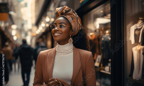 A luxurious black woman, She is dressed luxurious clothes standing on front a luxurious store.