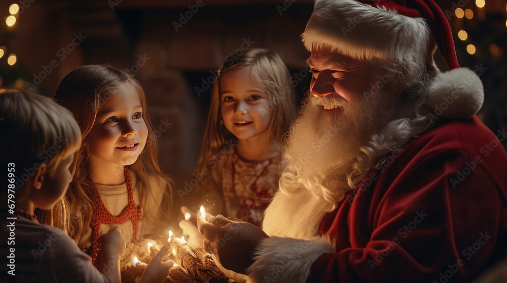 Santa is smiling and playing with the kids by the hearth. Generative Ai.