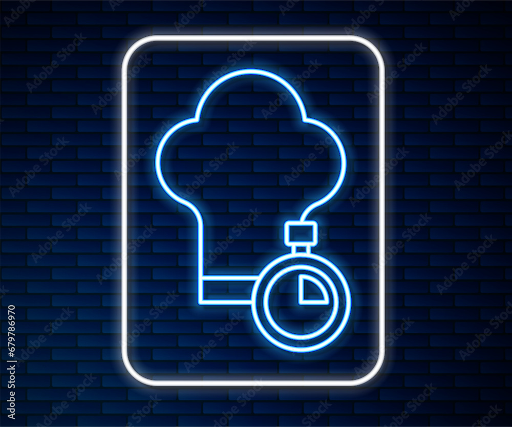 Glowing neon line Chef hat icon isolated on brick wall background. Cooking symbol. Cooks hat. Vector Glowing neon line Chef hat icon isolated on brick wall background. Cooking symbol. Cooks hat. Vector
