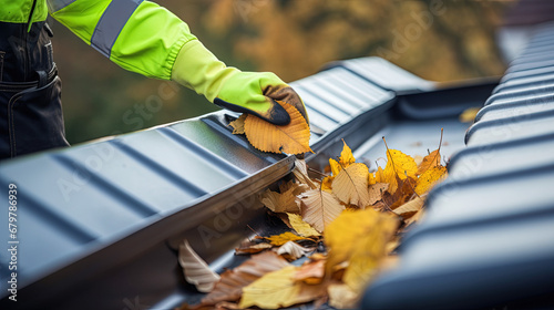 Cleaning the gutter from autumn leaves before winter season photo