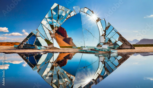 Fragmentation and Unity. A broken mirror reassembled to form a complete reflection photo