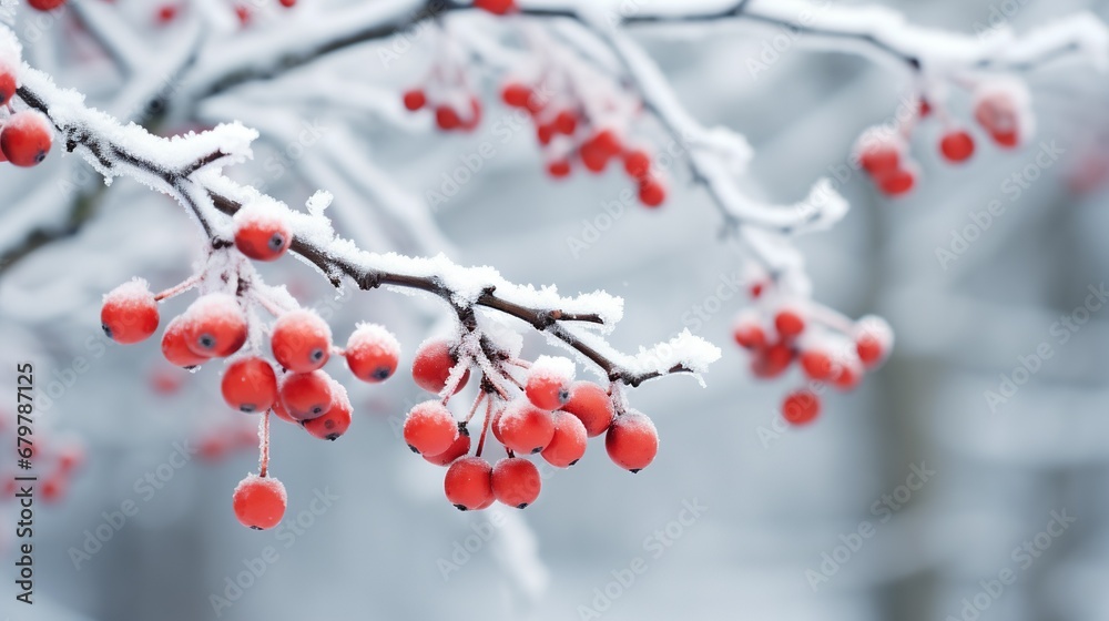Snow branches with red berries covered in frost. Copy space