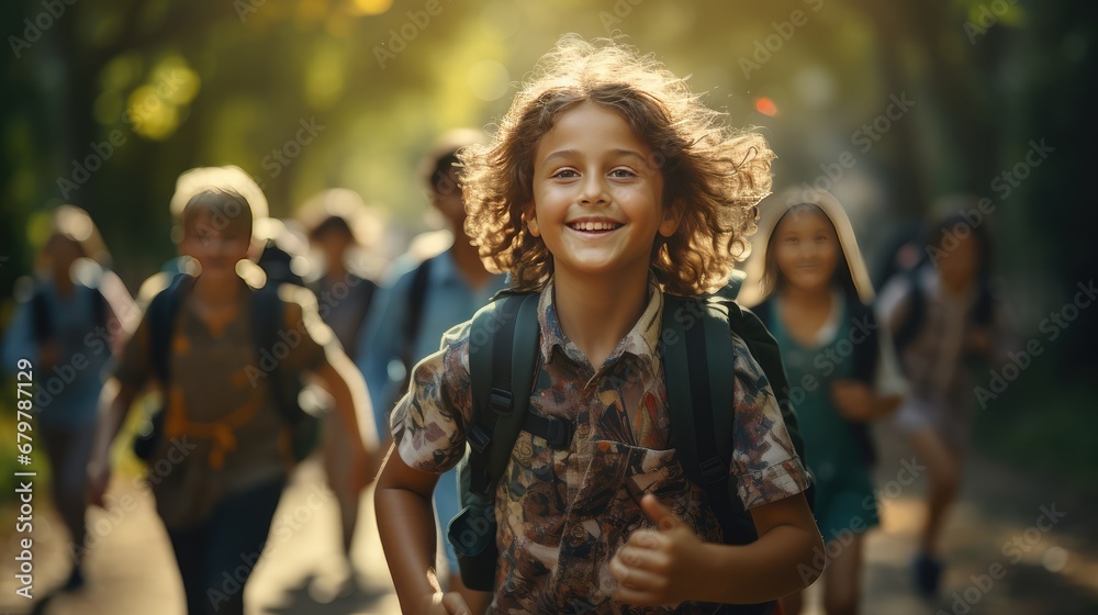 Children carry bags to school. Generative Ai.