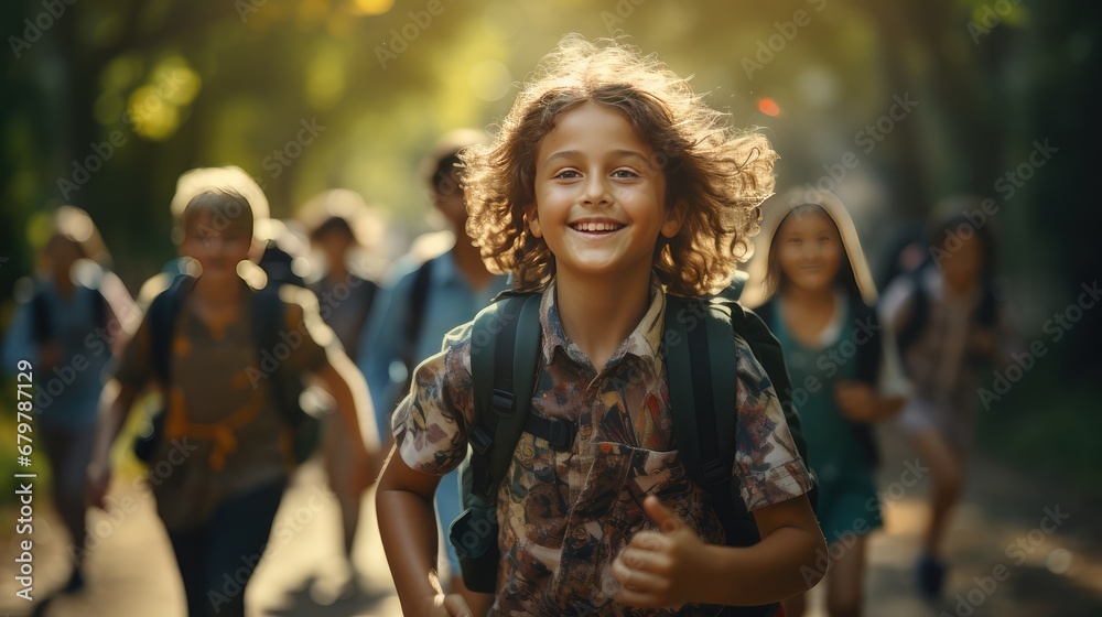 Children carry bags to school. Generative Ai. Children carry bags to school. Generative Ai.