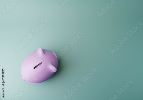Minimal piggy bank on blue background with copy space for text. Investing, Saving concept. View from above. Purple and blue 3D rendering. photo