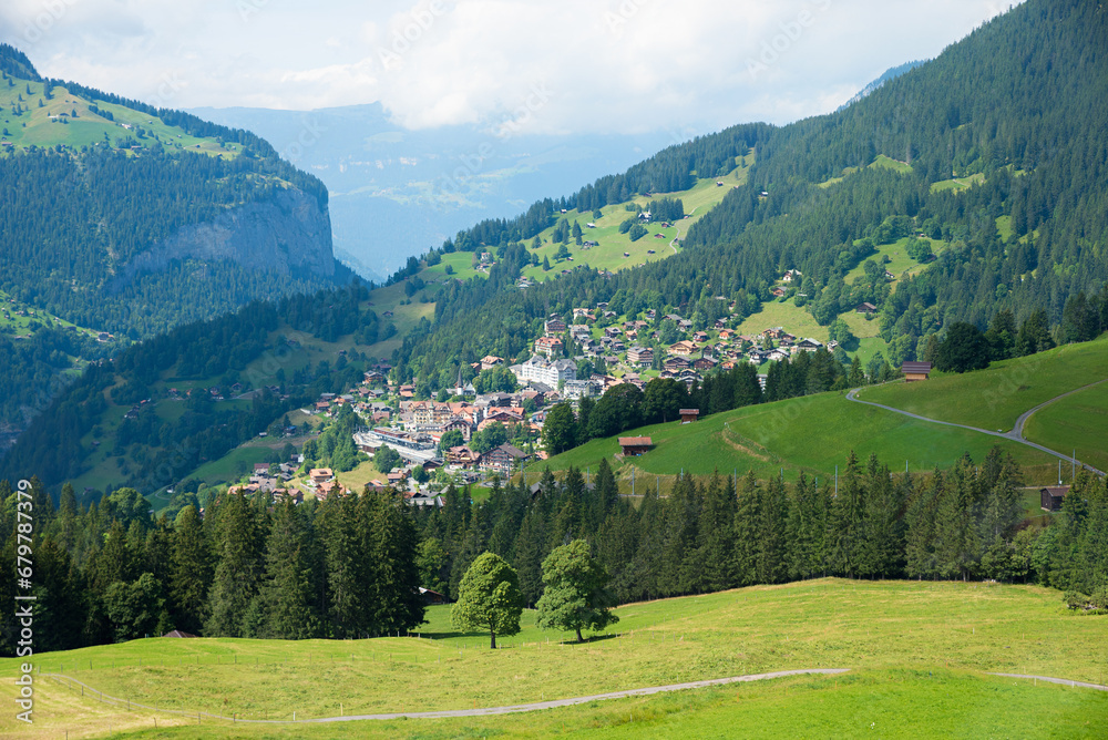 summer landscape Bernese Oberland, view to tourist destination Wengen