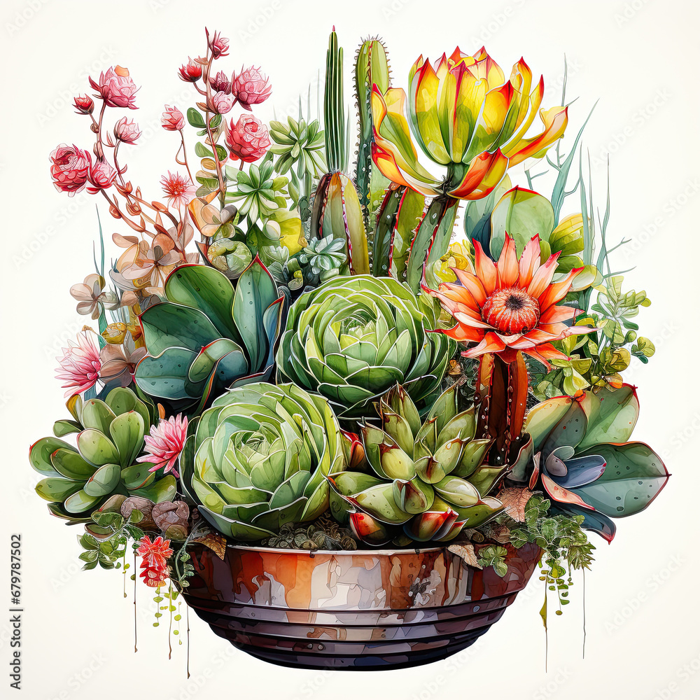 Fototapeta premium watercolor Cactus in pot clipart, Generative Ai