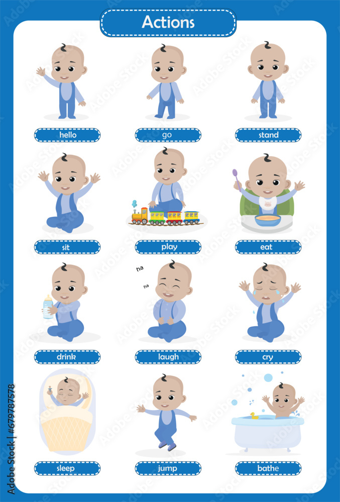Baby actions set. 12 actions illustrated. Vector flat illustration. Cartoon people design. Suitable for animation, using in web, apps, books, education projects Baby actions set. 12 actions illustrated. Vector flat illustration. Cartoon people design. Suitable for animation, using in web, apps, books, education projects