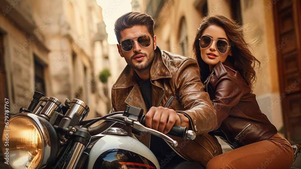 Stylishly dressed man and woman riding a vintage motorcycle on an urban adventure