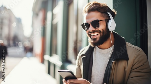 Young hipster with a light beard, enjoying music from his smartphone in wireless headphones on a stylish urban street photo