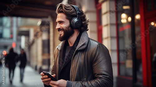 Young hipster with a light beard, enjoying music from his smartphone in wireless headphones on a stylish urban street