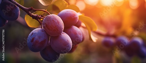  Ripe plums on a tree branch in the garden at sunset  A branch with natural plums on a blurred background of a plum orchard at golden hour photography