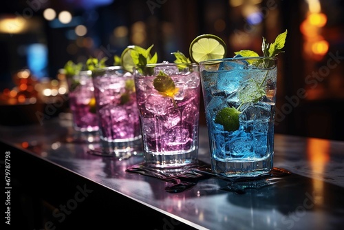 The image shows a lady, drinking a blue colored drink should not carry herbs, inside casino. The image showcases a vibrant scene at Foliatti Casino, with a captivating blend of green and purple hues