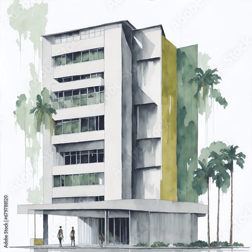 Watercolor painting of brazilian modernisn style house. AI generated illustration photo