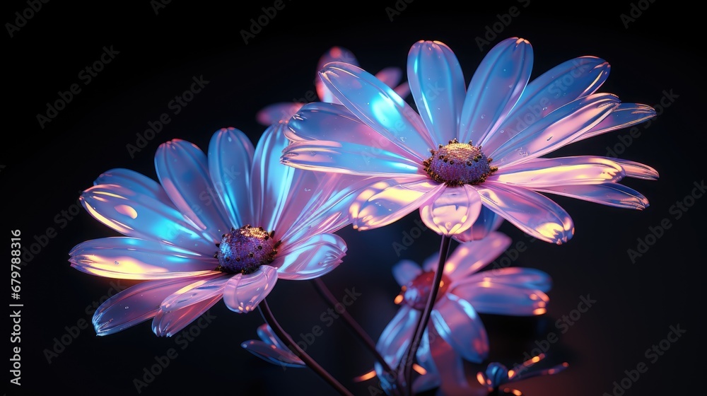  a close up of a bunch of flowers on a black background with a blue light in the middle of the petals.