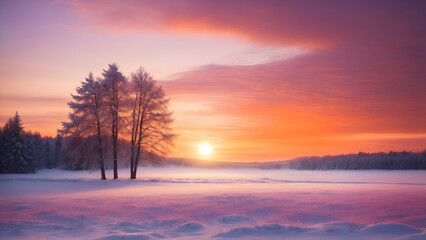 Leinwandbilder Purpur sunset in the forest , beautiful winter landscape with sunset  © farzanehappy
