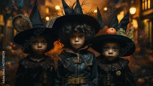  Three little kids in costume celebrating halloween together photography