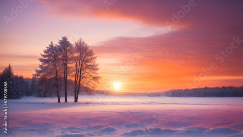 sunset in the forest , beautiful winter landscape with sunset © farzanehappy