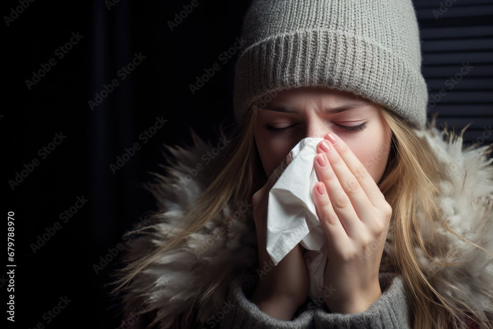 Sick woman with flu sneezing into tissue - obrazy, fototapety, plakaty 