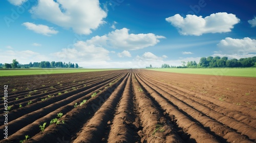 Furrows a plowed field prepared for planting crops in spring with clouds on blue sky in perspective. photo