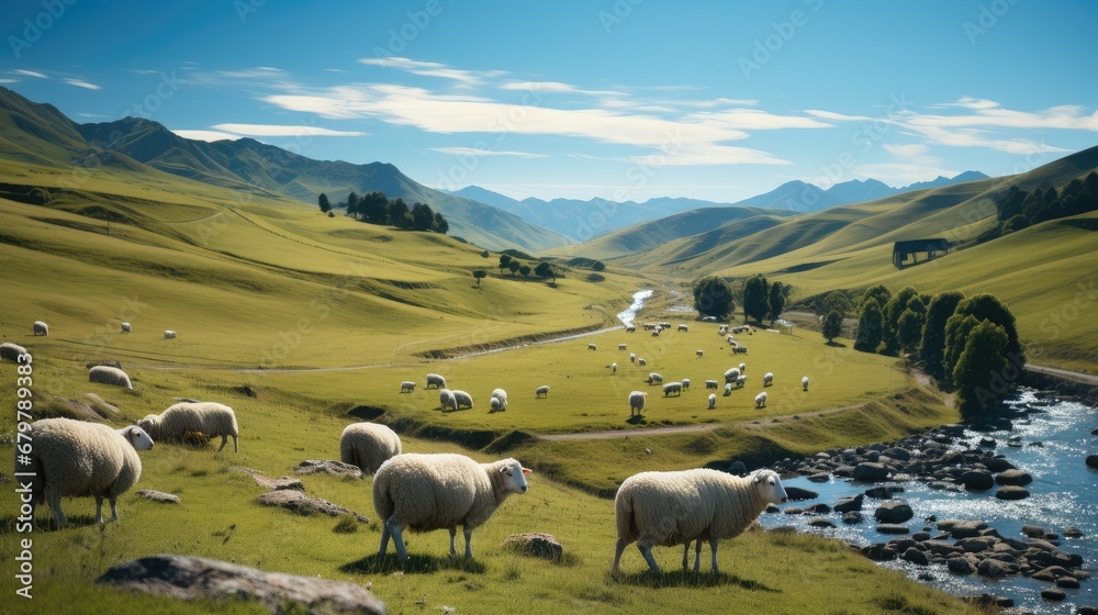 Verdant rolling hills, Idyllic countryside with grazing sheep and vibrant meadows.