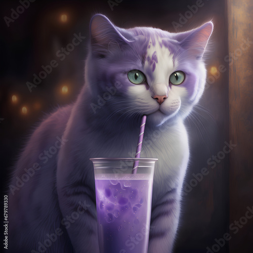 Purple cat with a glass of milk, Ai generated