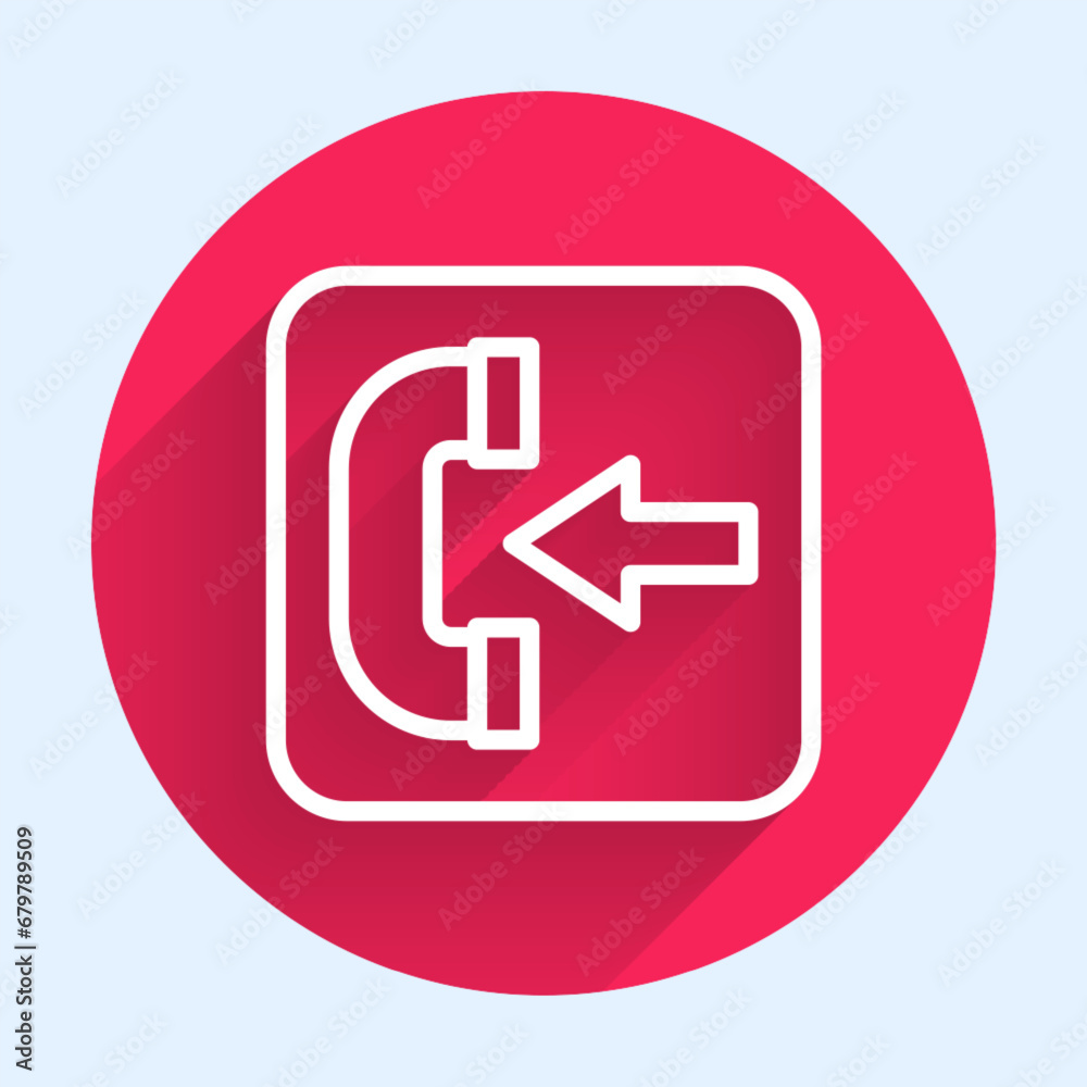 White line Incoming call phone icon isolated with long shadow background. Phone sign. Telephone handset. Red circle button. Vector White line Incoming call phone icon isolated with long shadow background. Phone sign. Telephone handset. Red circle button. Vector