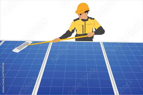 Experienced worker wearing hard hat and uniform cleaning blue solar panels outdoor using a long handled wiper to remove any grime or dirt in solar power plant station alternative energy from nature.  