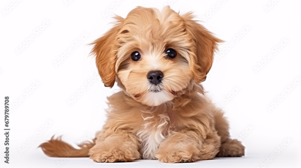 A cuddly Maltipoo pup striking a pose on a pristine white backdrop. A cuddly Maltipoo pup striking a pose on a pristine white backdrop.