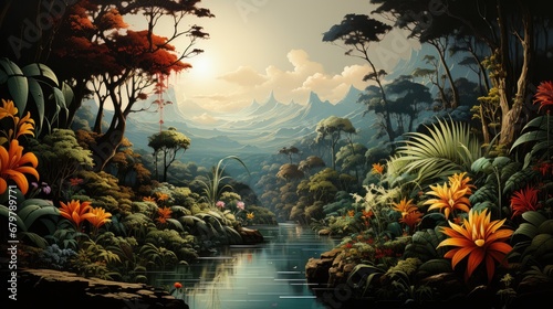  a painting of a river running through a lush green forest filled with trees and flowers with a mountain range in the background.