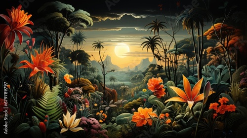  a painting of a tropical landscape with flowers and palm trees in the foreground and a full moon in the background.