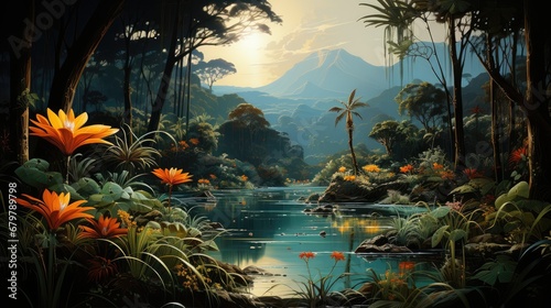  a painting of a tropical scene with a river and trees in the foreground and a mountain range in the background.