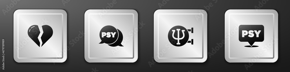 Set Broken heart or divorce, Psychology, Psi, and icon. Silver square button. Vector Set Broken heart or divorce, Psychology, Psi, and icon. Silver square button. Vector