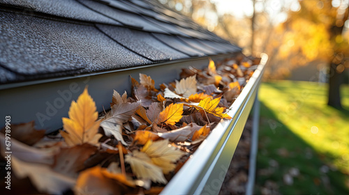 Cleaning the gutter from autumn leaves before winter season photo