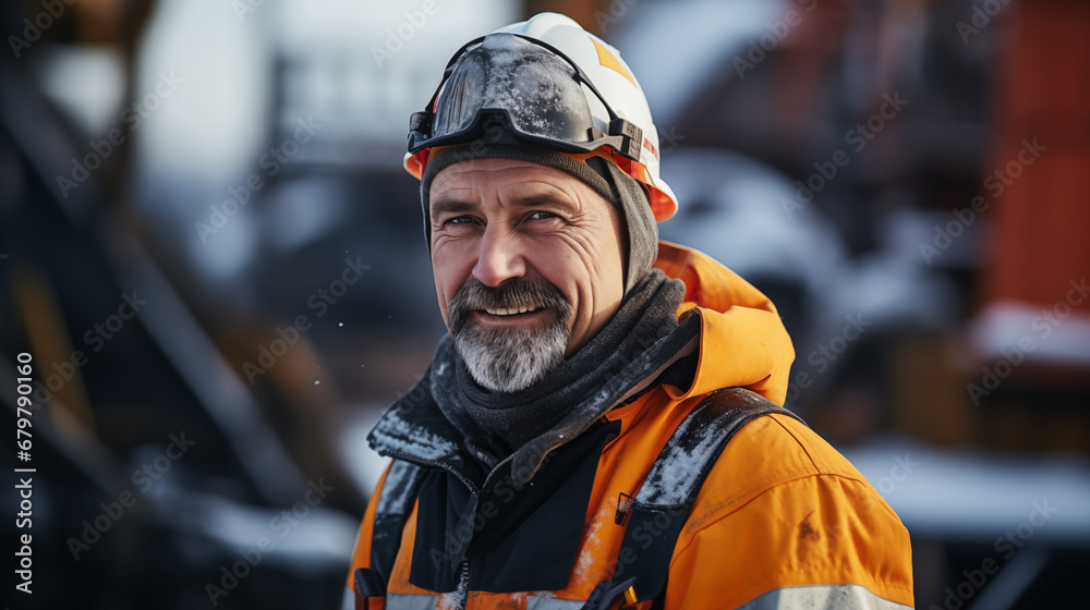 Portrait of the confident senior oil worker and Winter Portrait of the confident senior oil worker and Winter Oil Pumpjack on the background in winter Alaska. Active age concept Portrait of the confident senior oil worker and Winter Portrait of the confident senior oil worker and Winter Oil Pumpjack on the background in winter Alaska. Active age concept