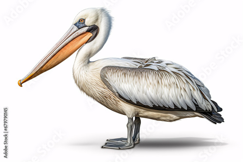 A gigantic pelican perched alone against a plain white backdrop.