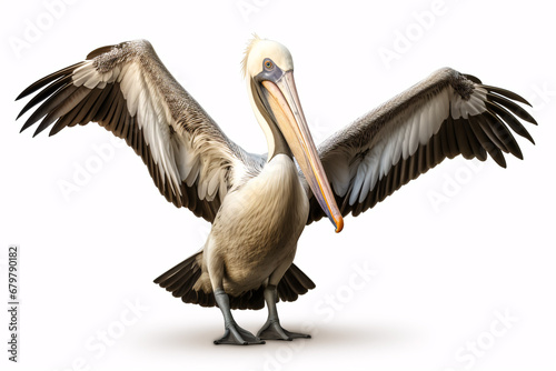 A colossal pelican sequestered on a pallid backdrop. photo