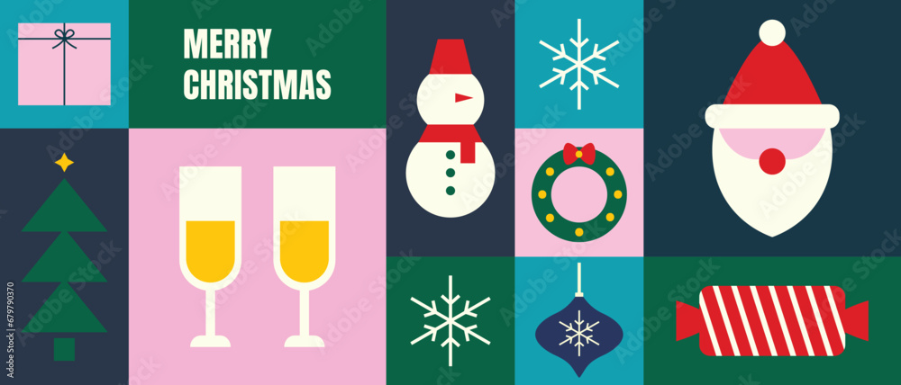 Fototapeta premium Merry Christmas colorful design for greeting cards, banners, covers in modern minimalistic geometric style. Holiday elements 