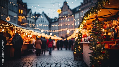  a group of people walking down a street with christmas lights on the side of the street and buildings in the background.