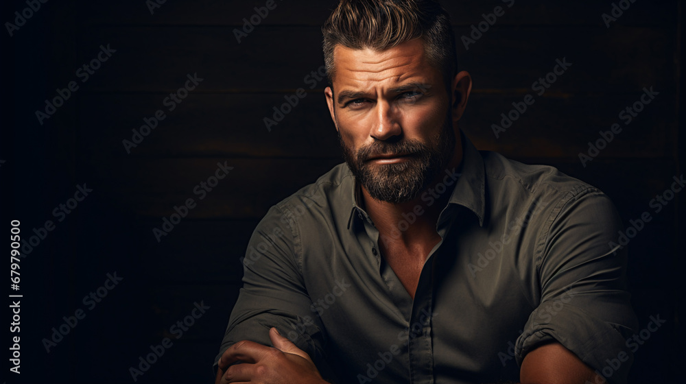 A handsome chap posed in a studio against a somber backdrop.
