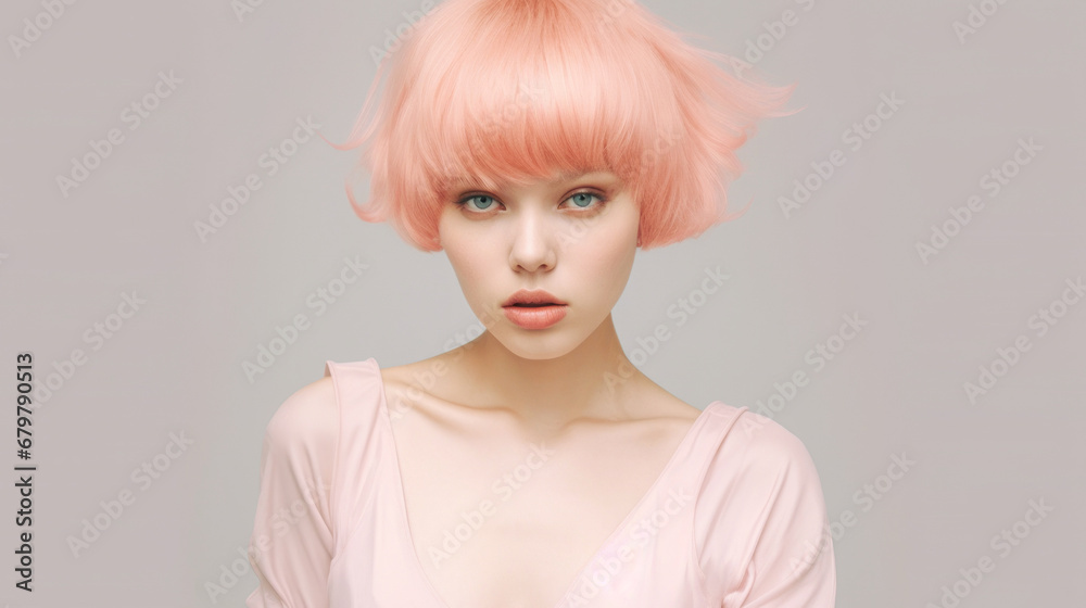A young girl with healthy short pink hair. Great beautiful hair.