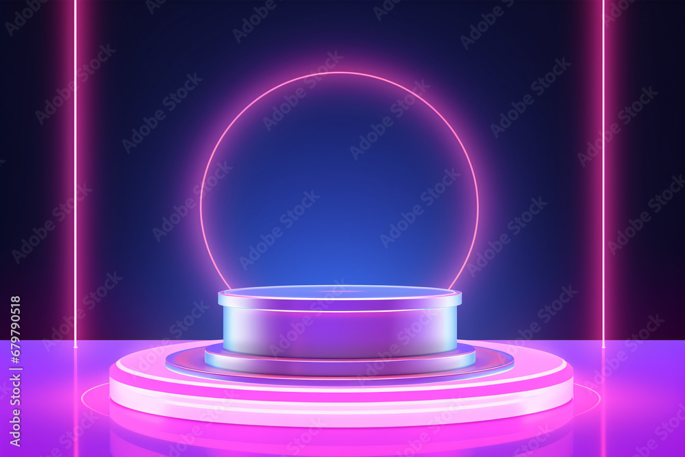 A glowing neon lamp illuminates a futuristic 3D geometric room with a cylinder pedestal podium overlapped with mockup product displays for promotion. A glowing neon lamp illuminates a futuristic 3D geometric room with a cylinder pedestal podium overlapped with mockup product displays for promotion.