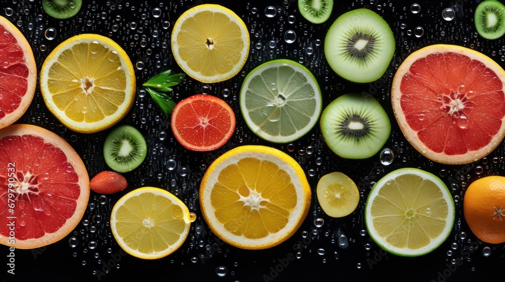 a variety of fruits cut in half and placed on a black surface with drops of water on top of them. a variety of fruits cut in half and placed on a black surface with drops of water on top of them.