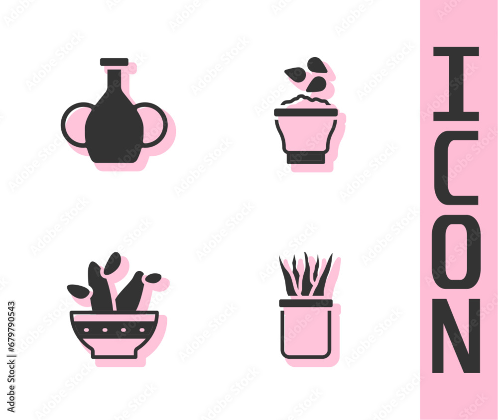 Set Plant in pot, Vase, Cactus peyote and Seeds bowl icon. Vector Set Plant in pot, Vase, Cactus peyote and Seeds bowl icon. Vector